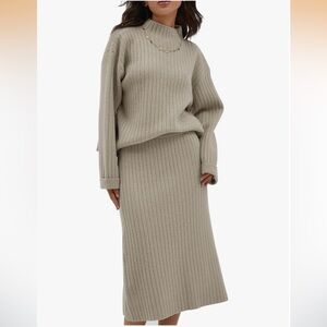 Ribbed Knit Sweater and Skirt Set in Beige